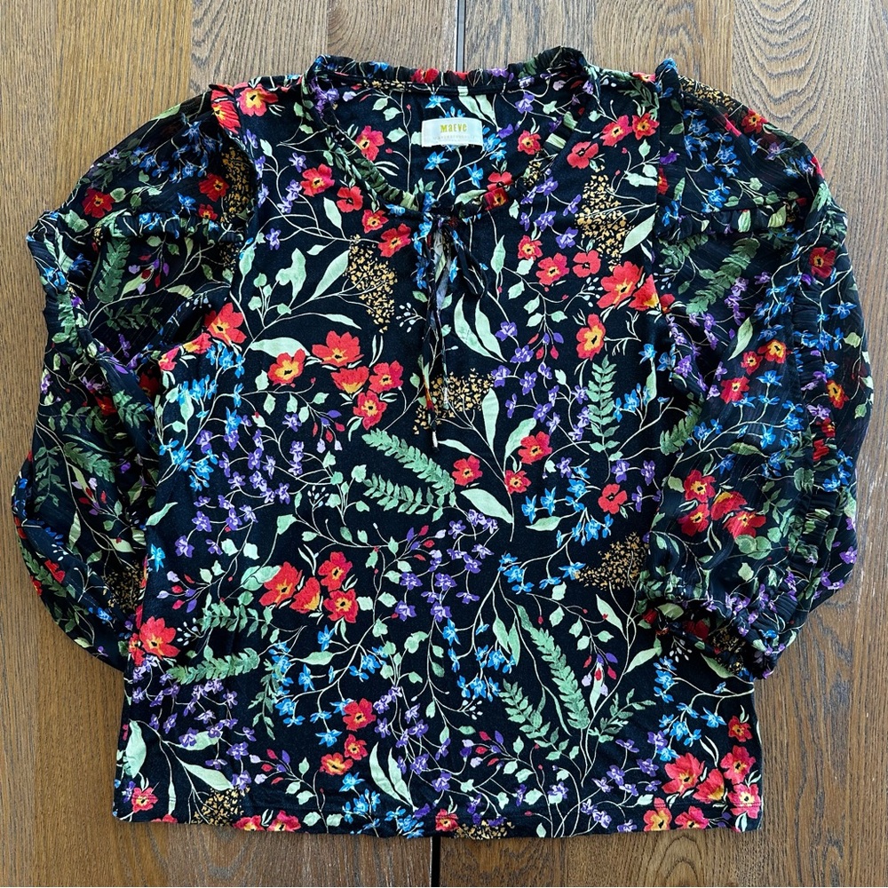 Maeve by Anthropologie Jacquin Peasant Blouse Black Floral Long Sleeve Women’s - Picture 2 of 16